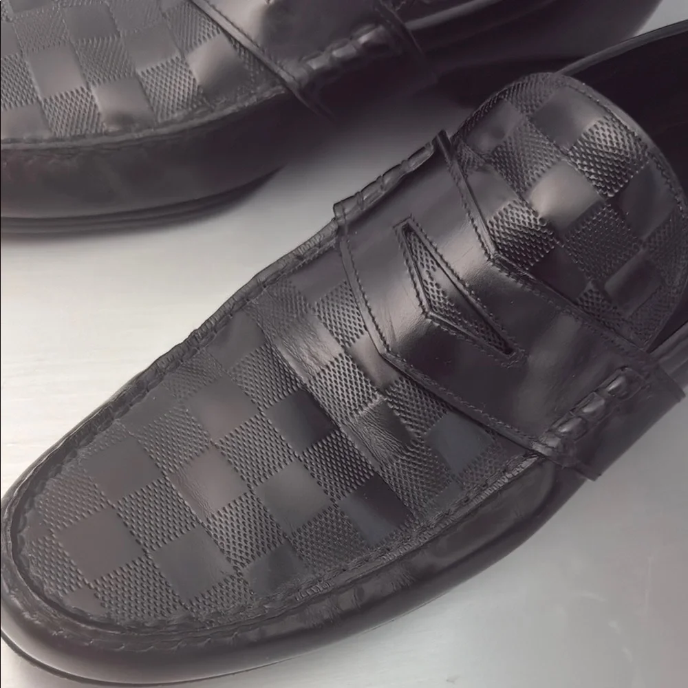 Louis Vuitton Damier Embossed Leather Outline Penny Slip On Loafers